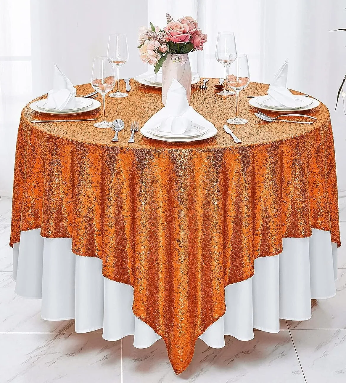 Tablecloth - Square Overlay 50" x 50" Sequin - Orange