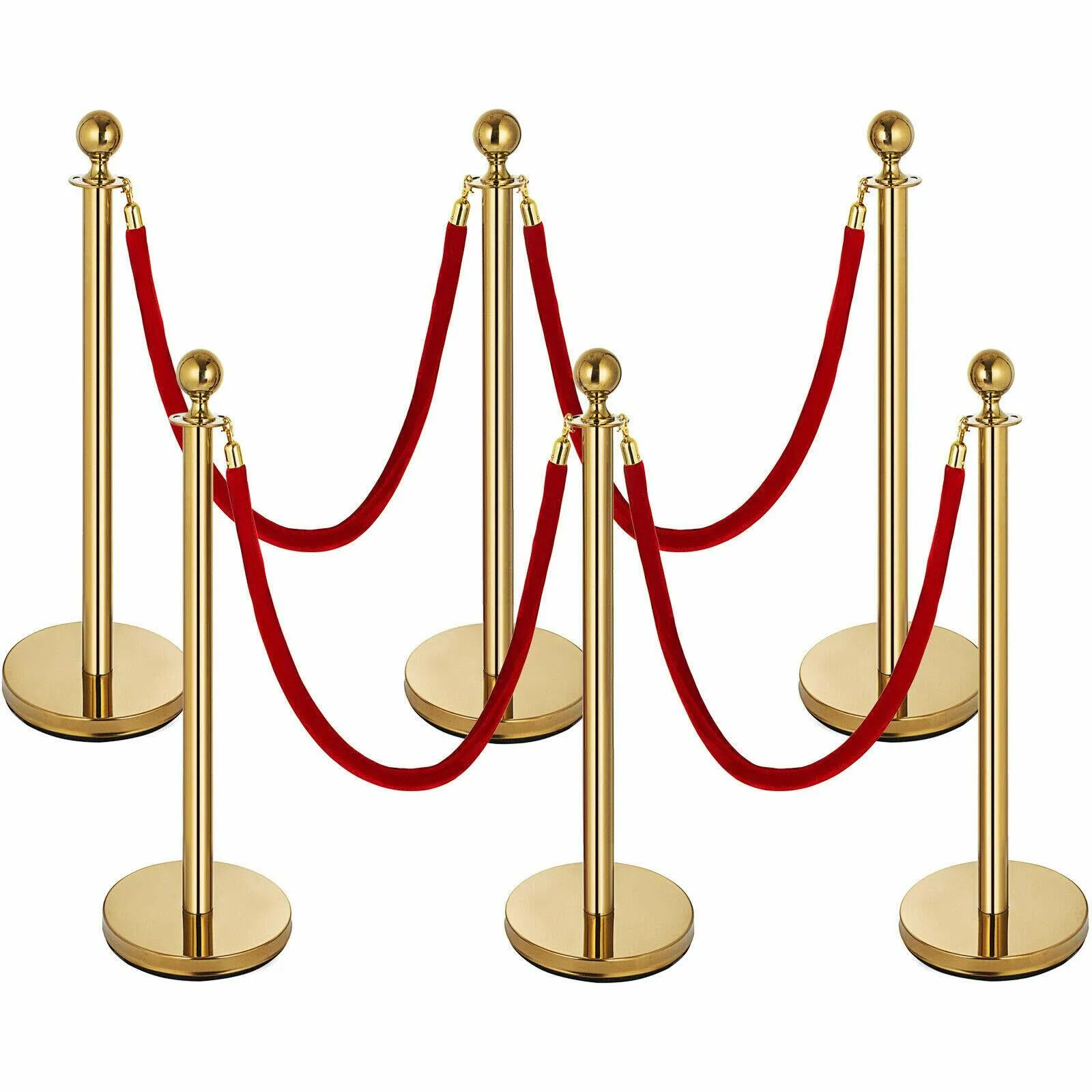 Set of 6 Gold Stanchions with 4 Red, 4 Blue or 4 Pink Velvet Ropes