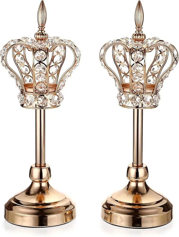 Crystal 14" Crown Candle Holders - Gold