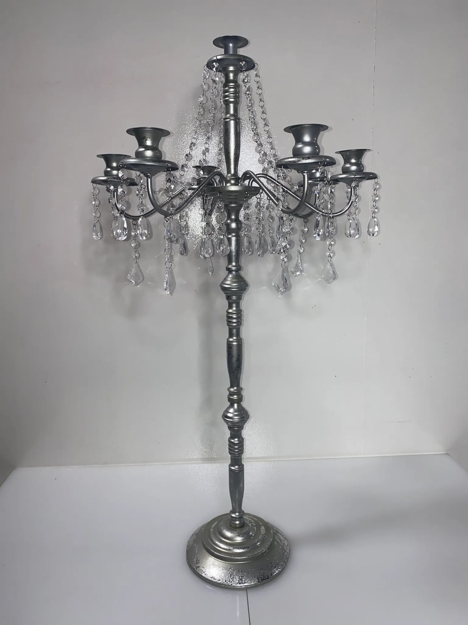 Antiqued Silver Candelabra w Hanging Crystals - 38.5" x 24"