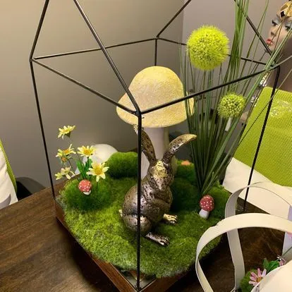 Rabbit by Mushroom In Wire House 