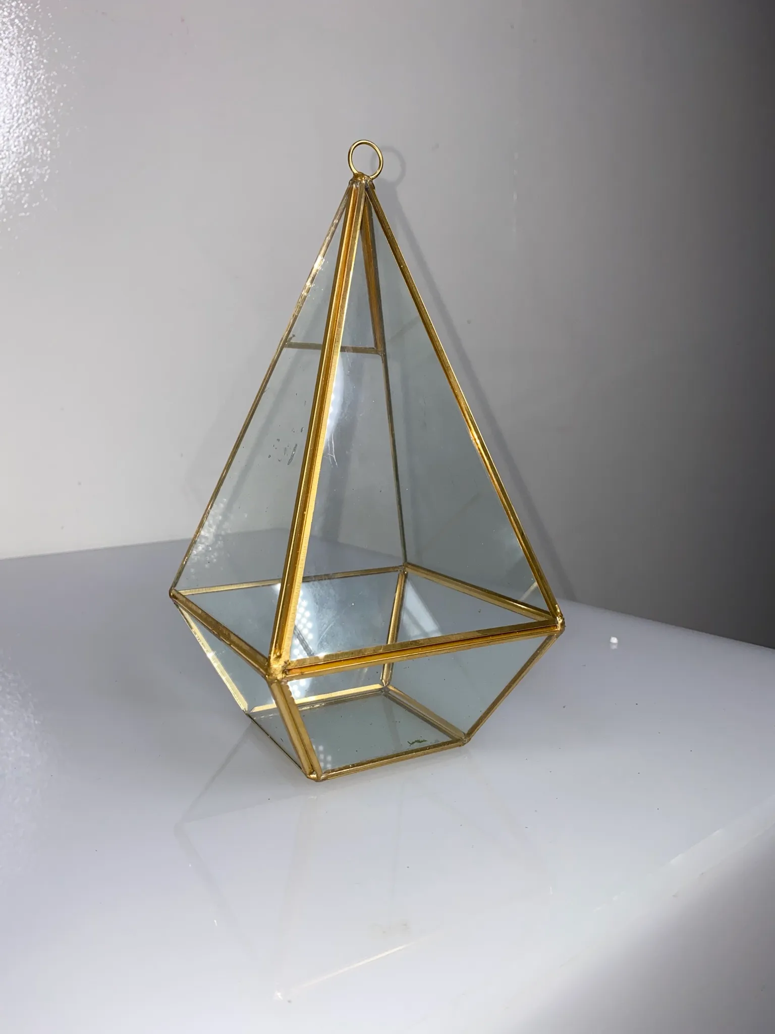 Geo Pyramid Glass Brass Vase or Votive 10" x 5"