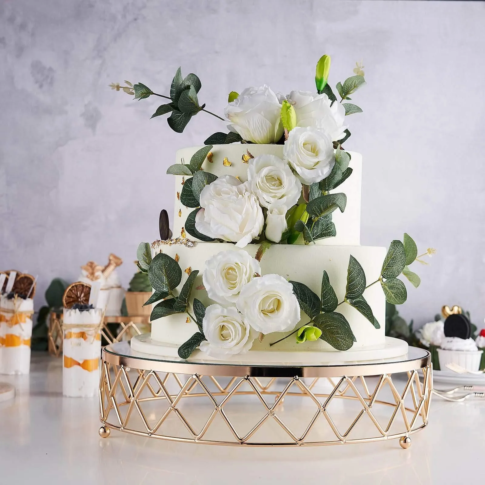14" round metal geometric diamond cut dessert stand with glass top