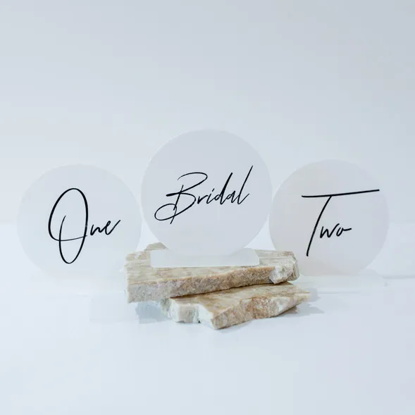 Table Number - White Acrylic Matte - Round - Black Text Writing (Bridal - 8)