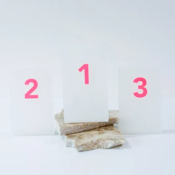Table Number - Frosted Acrylic - Rectangle - Freestanding - Neon Pink Numeral Numbers ( 1-39)