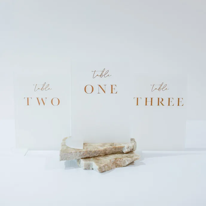 Table Number - Frosted Acrylic Rectangle - Gold Numbers wide (1-3)