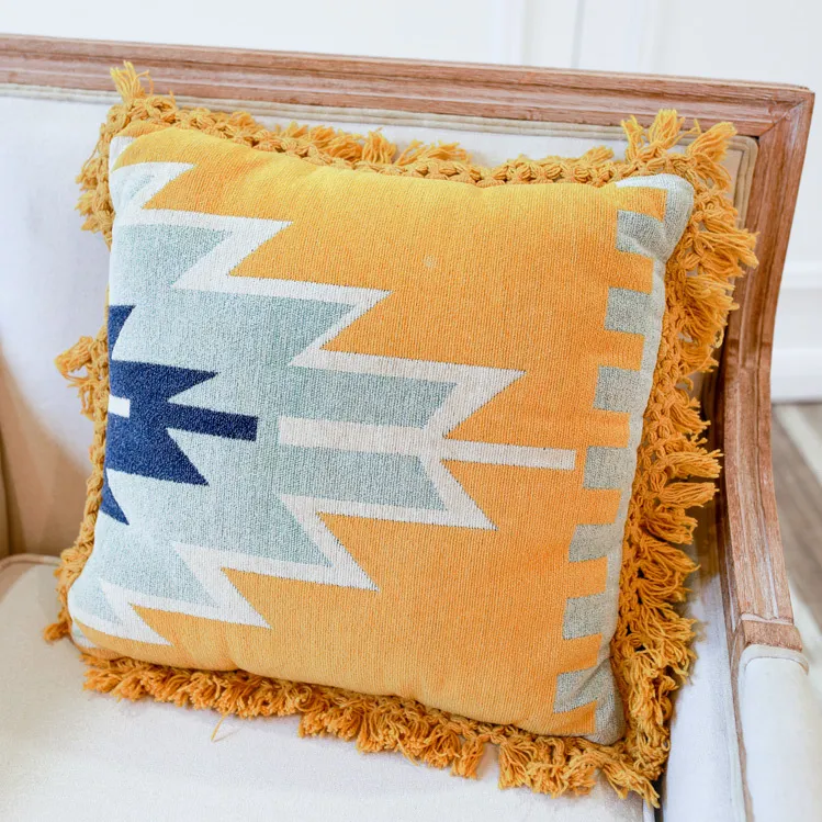 Cushion - Yellow With Blue - Aztec - Fringe