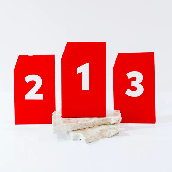 Table Number - Red Acrylic - Freestanding - White Layered Numeral Numbers ( 1- 7)