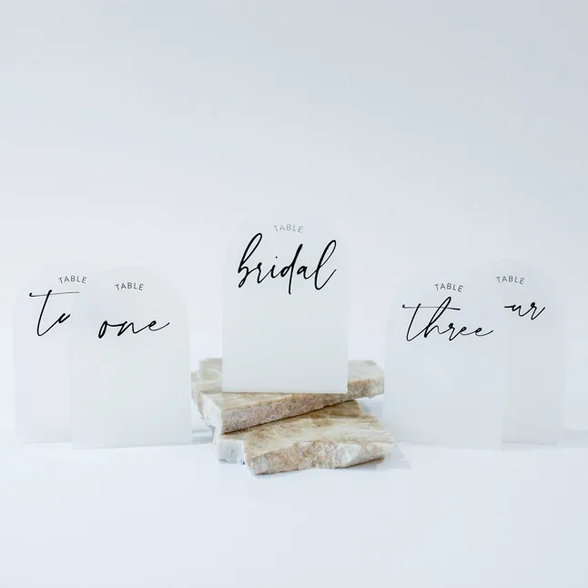 Table Number - Frosted Acrylic Small Arch - Freestanding - Black Text Writing (Bridal - 12)