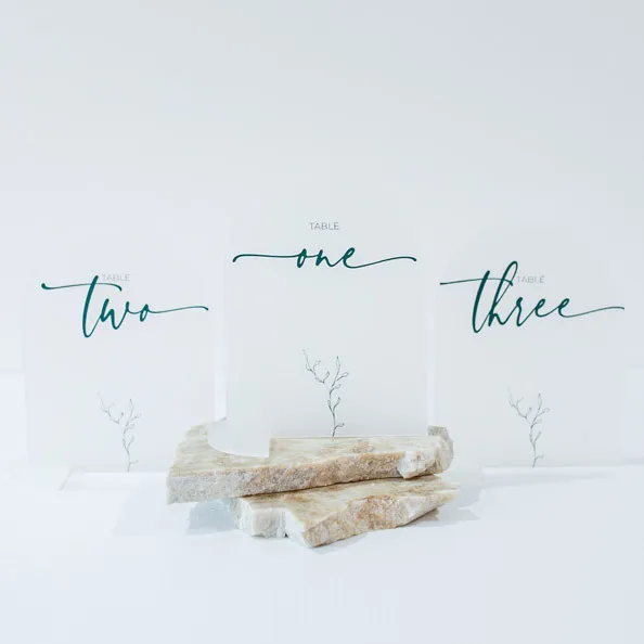 Table Number - Frosted Acrylic Arch - Deep Sage Text Number - Twig Graphic ( Kids, no bridal, -5 )