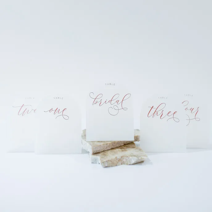 Table Number - Frosted Acrylic Arch - Freestanding - Rose Gold Text Writing (Bridal - 12)