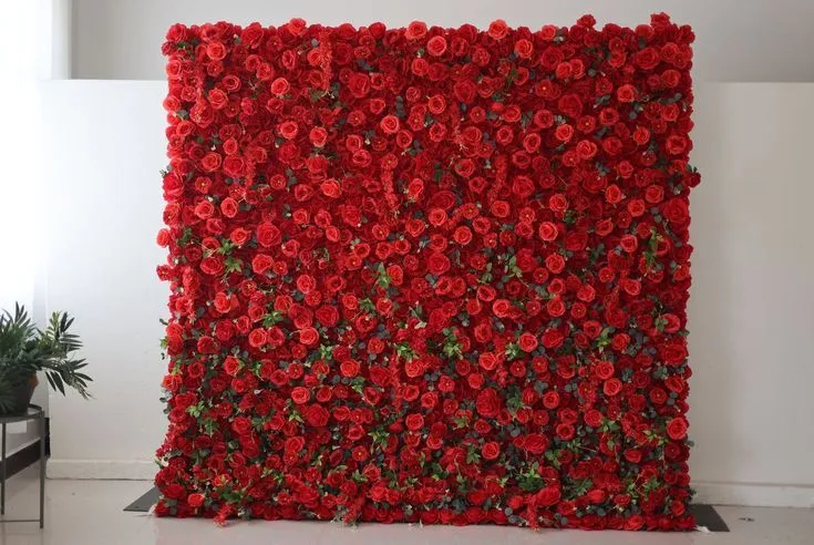 3D Fabric Flower Wall/Backdrop- 8 X 8 ft red roses w/greenery 