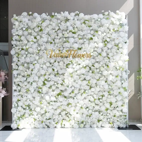 3D Fabric Flower Wall/Backdrop- 8 X 8 ft white w/ivory accents and greenery