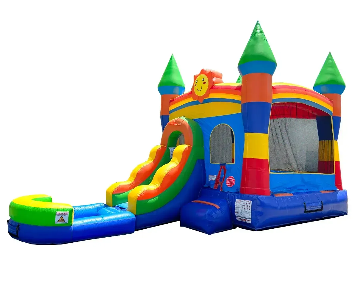 Rental Lite Rainbow Castle Smiley Face Bounce House Slide Combo with Wet Pool Attachment