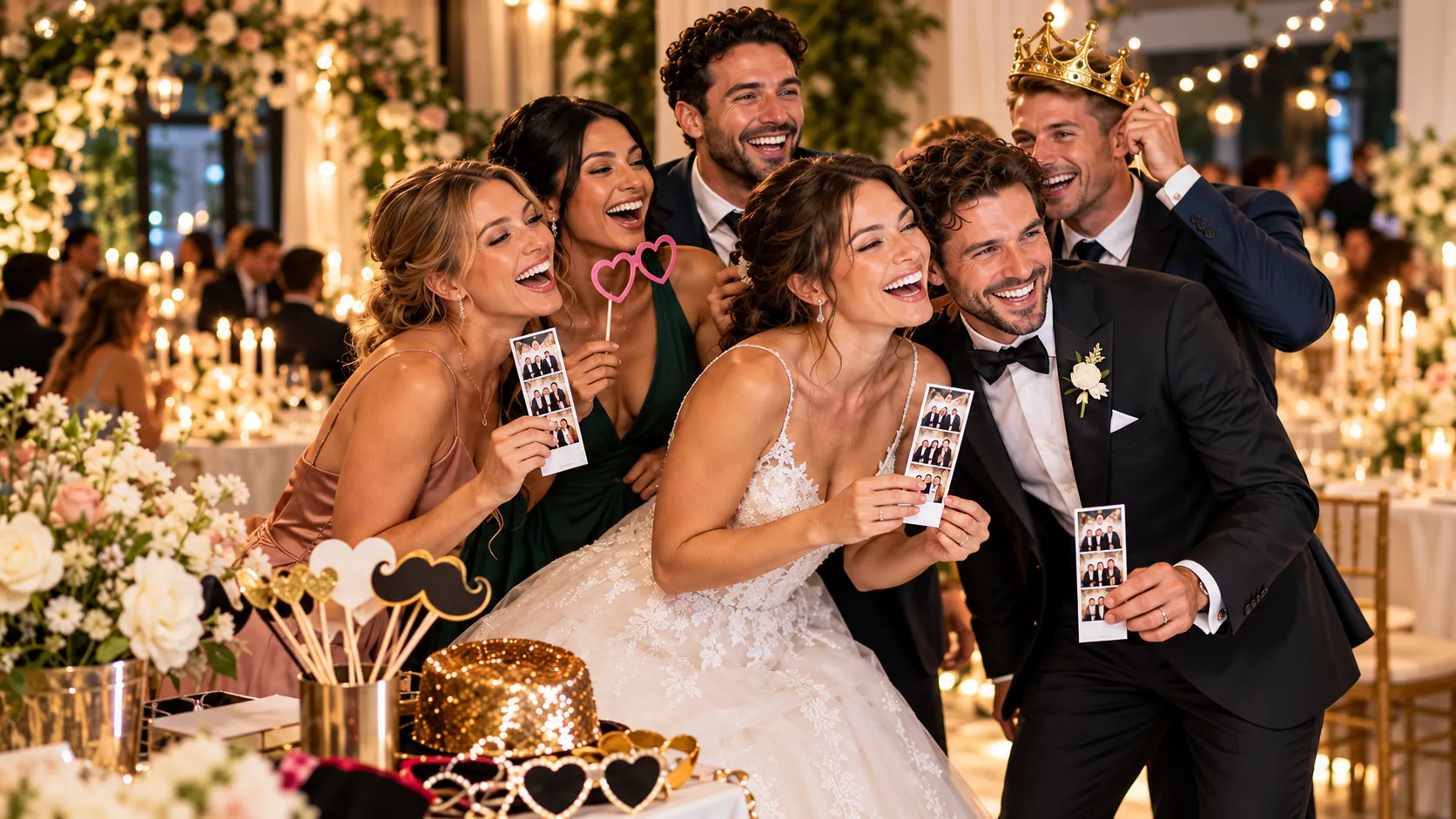 Bruidspaar en gasten maken vrolijke trouwfoto’s met photobooth-accessoires tijdens een sfeervol bruiloftsfeest.
