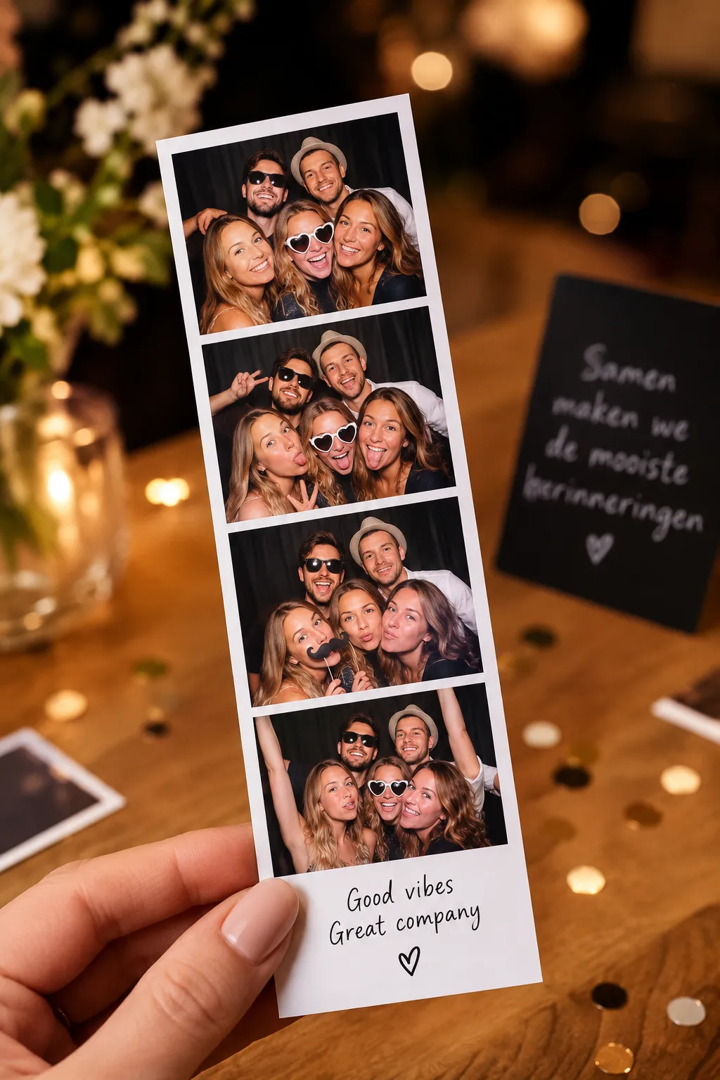 Hand met een fotostrip van een gezellige groep vrienden tijdens een feest