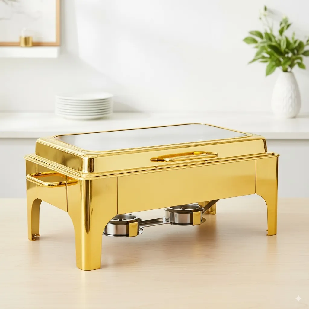 Luxury Gold Rectangular Glass Top Chafing Dish – 9L