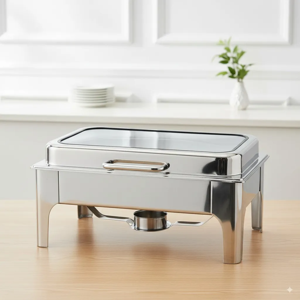 Luxury Silver Rectangular Glass Top Chafing Dish – 9L