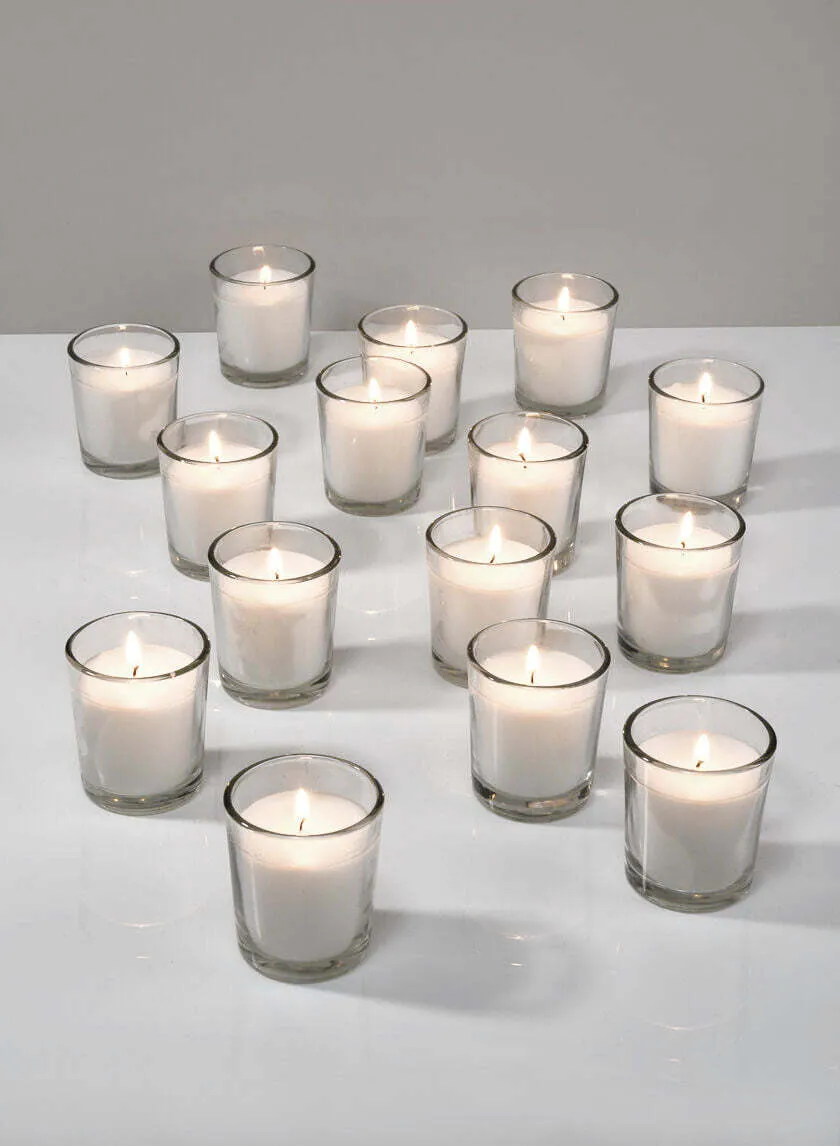 10 Glass votive candle holders and candle