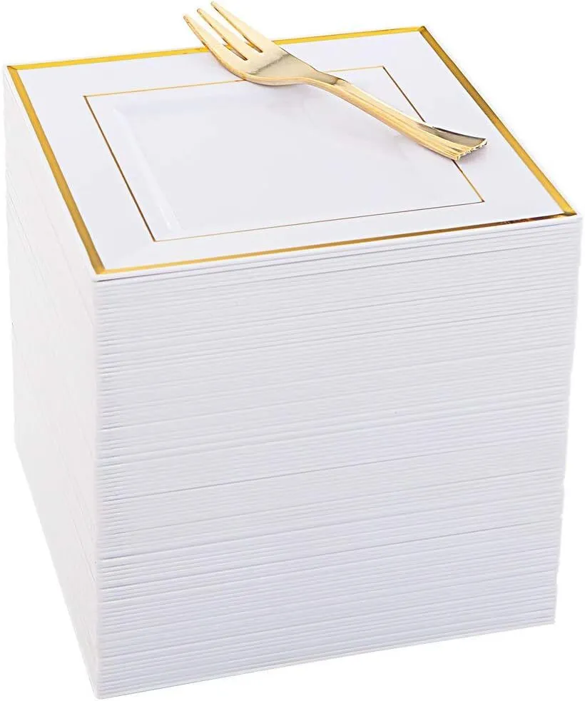 Gold Rim White Plastic Cake Plates 6 inch with Dessert Forks - 100 count