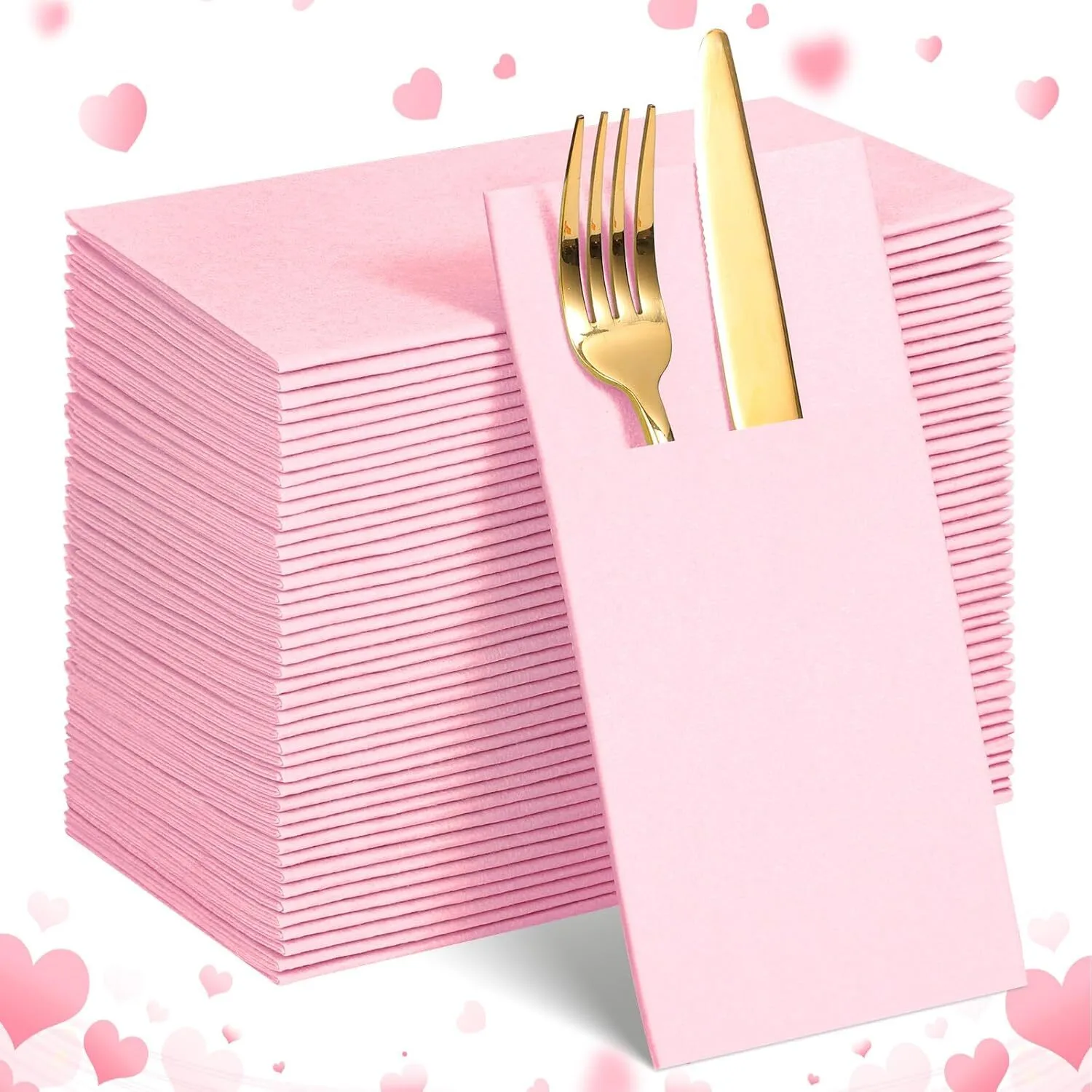 Light Pink Folded Paper Napkins with Built-in Flatware Pocket 60 count