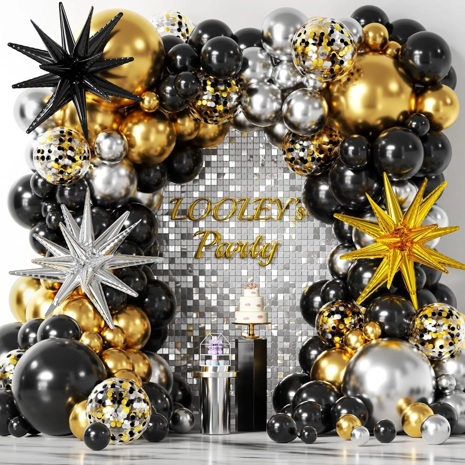 Balloon Cluster Arch - Black, Gold and Silver