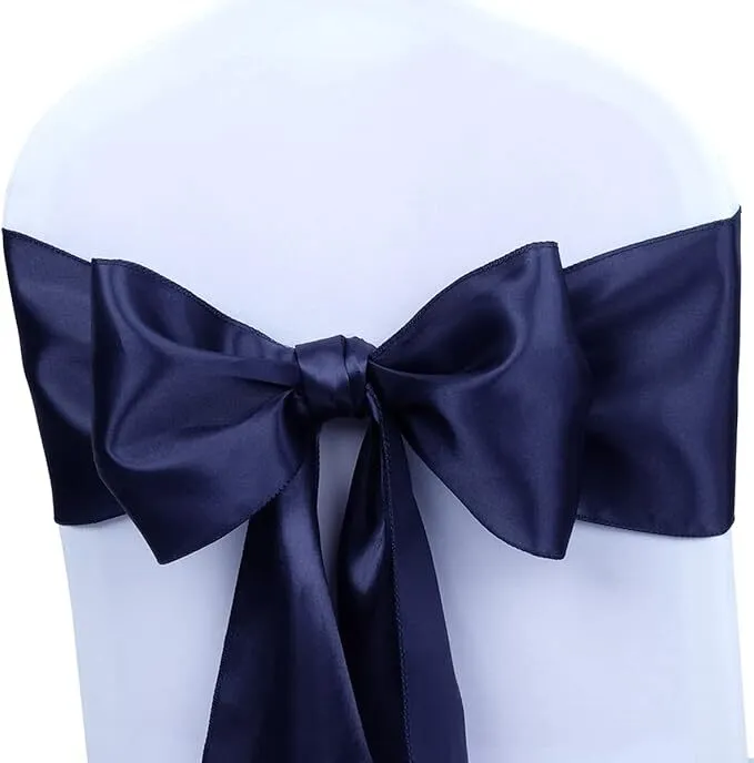 Sash (Navy Blue Satin) - Fits as Cocktail Sash & Chair Sash (7" x 108")