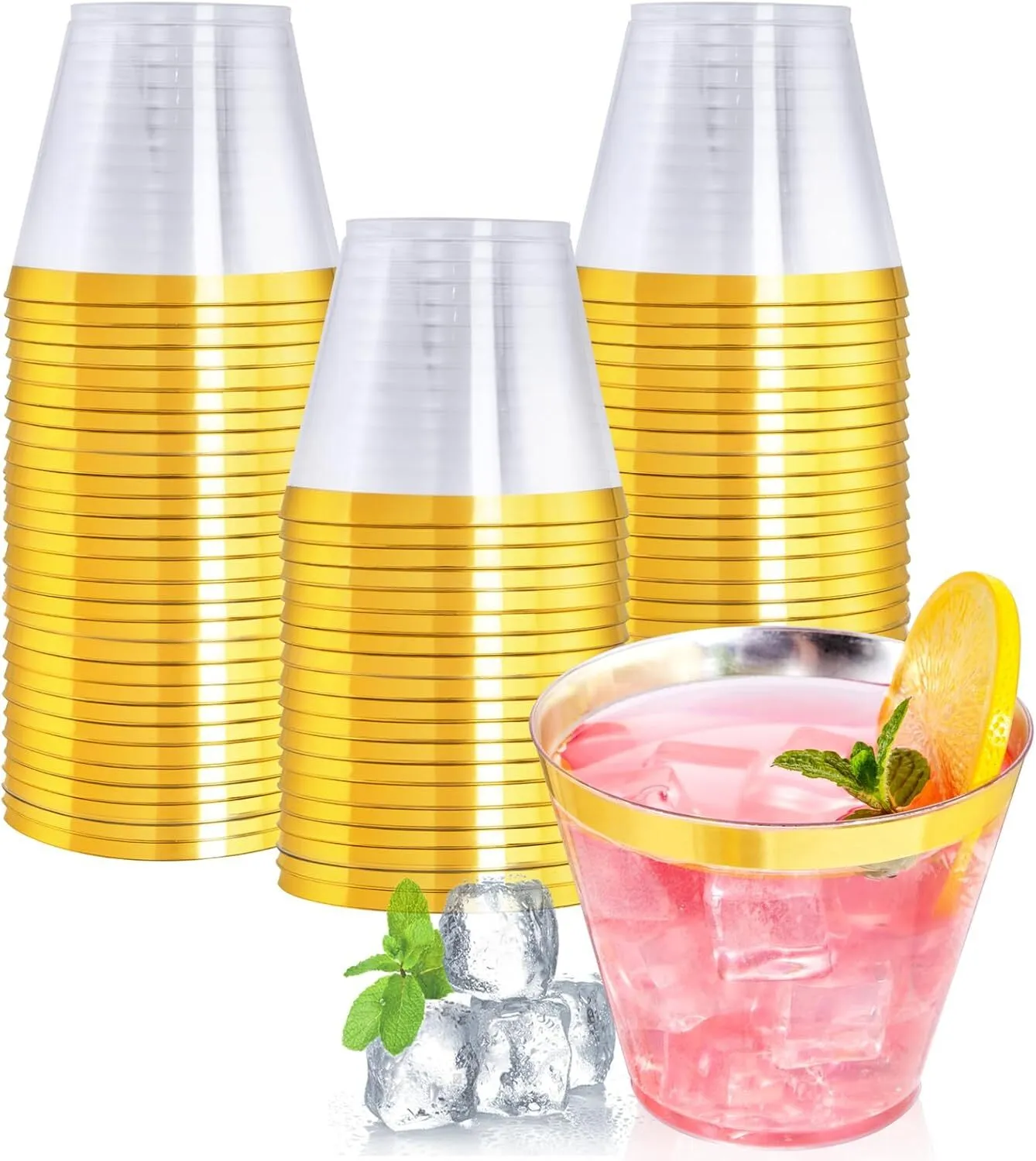 Gold Rim Clear Plastic Wine Cup 9oz - 60 count