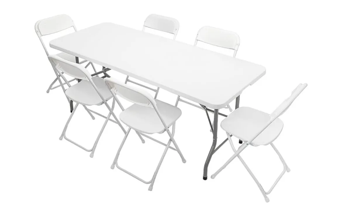6 ft table and 6 white plastic chairs