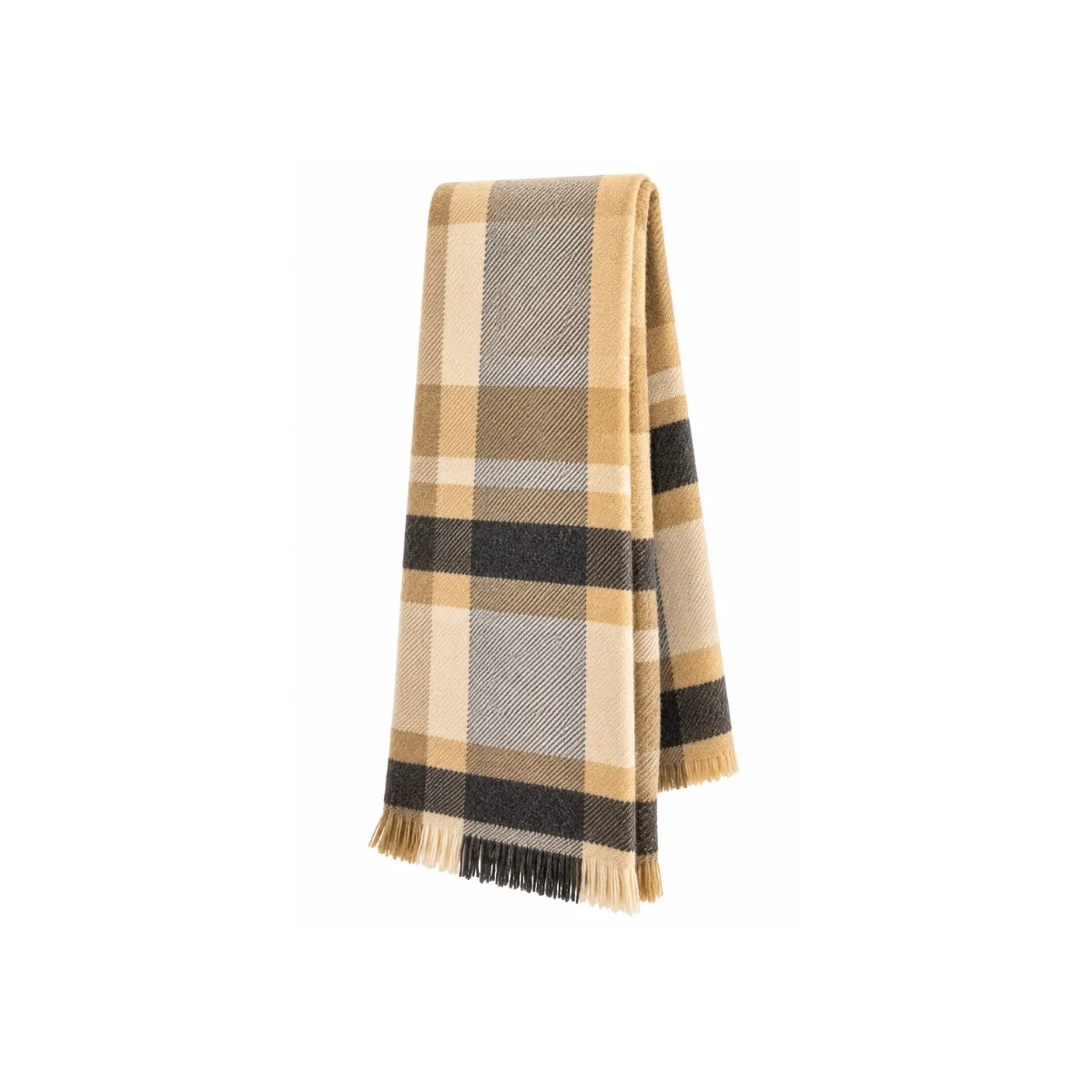 THROW BLANKET - BEIGE, GREY & BLACK - PLAID WOOL BLEND