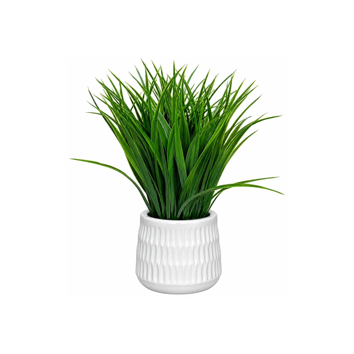 9"H FAUX ORNAMENTAL GRASS - WHITE POT - RIBBED