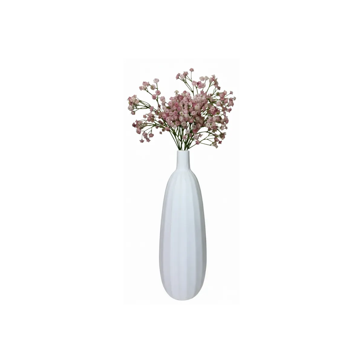 TALL WHITE VASE WITH BABY’S BREATH FLORAL ARRANGEMENT