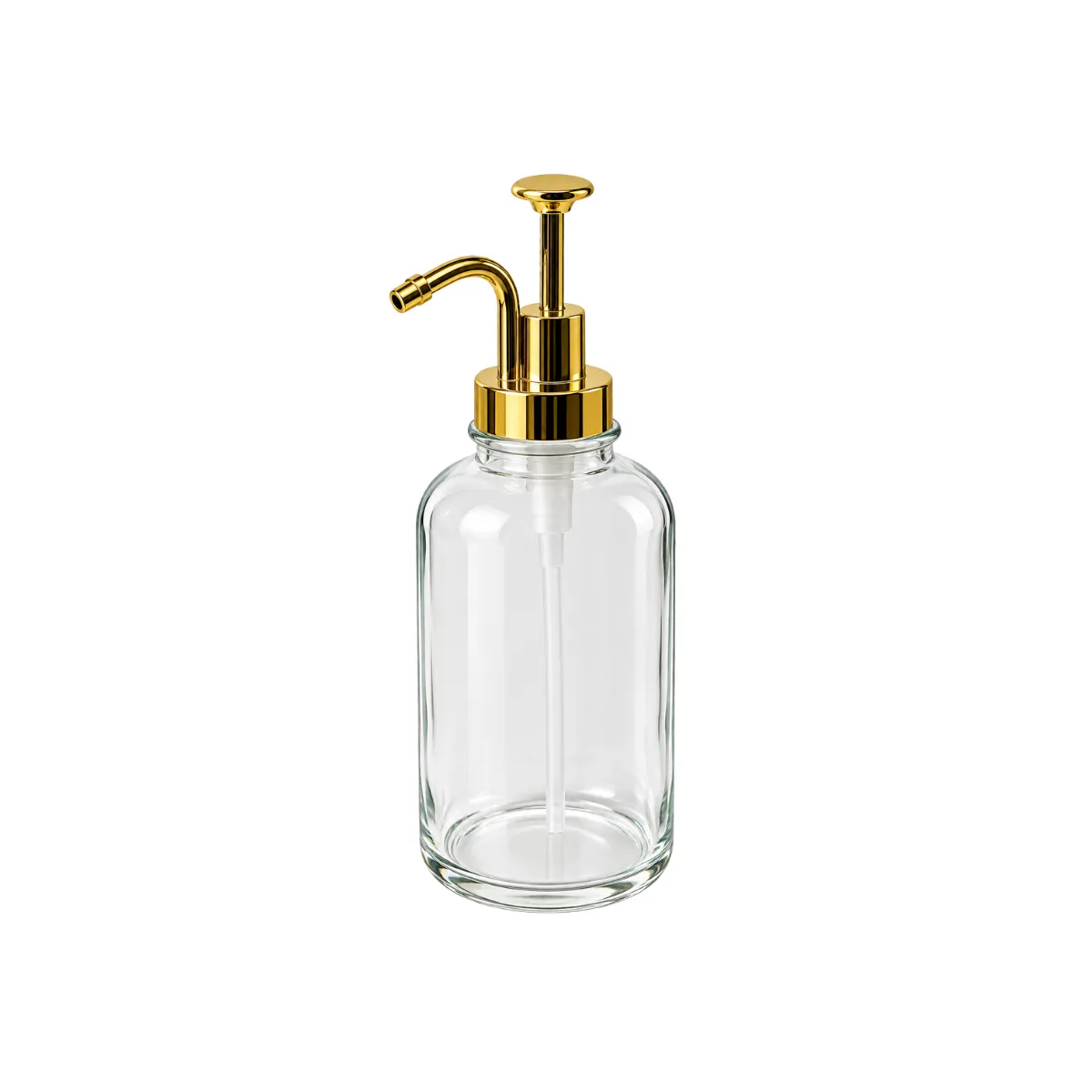 9"H SOAP DISPENSER - CLEAR GLASS - GOLD PUMP
