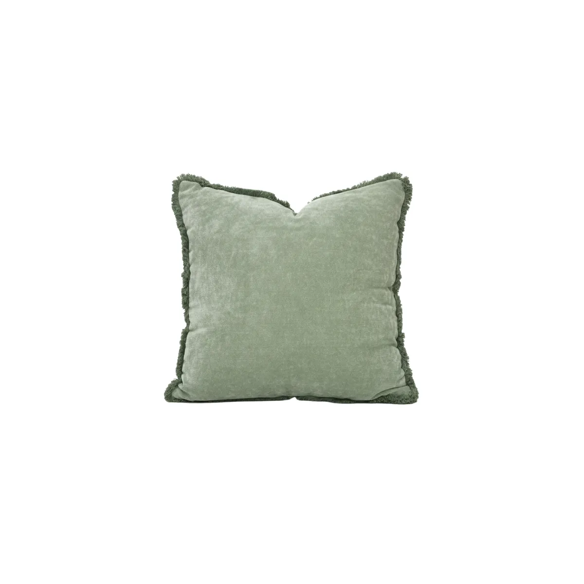 Green throw pillow with fringe trim