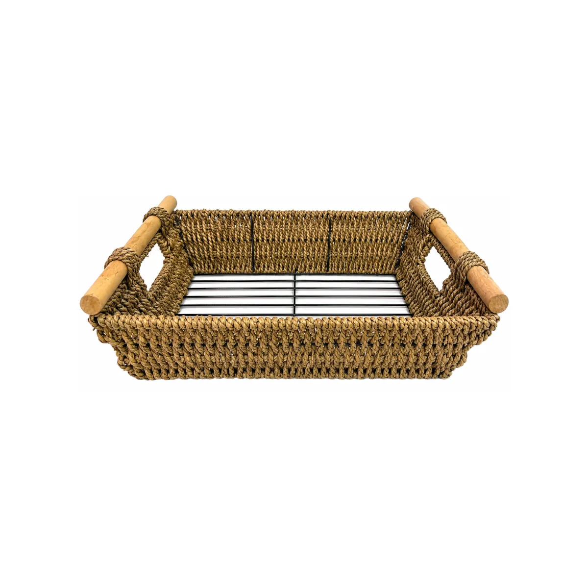 WOVEN WICKER TRAY WITH WOODEN HANDLES