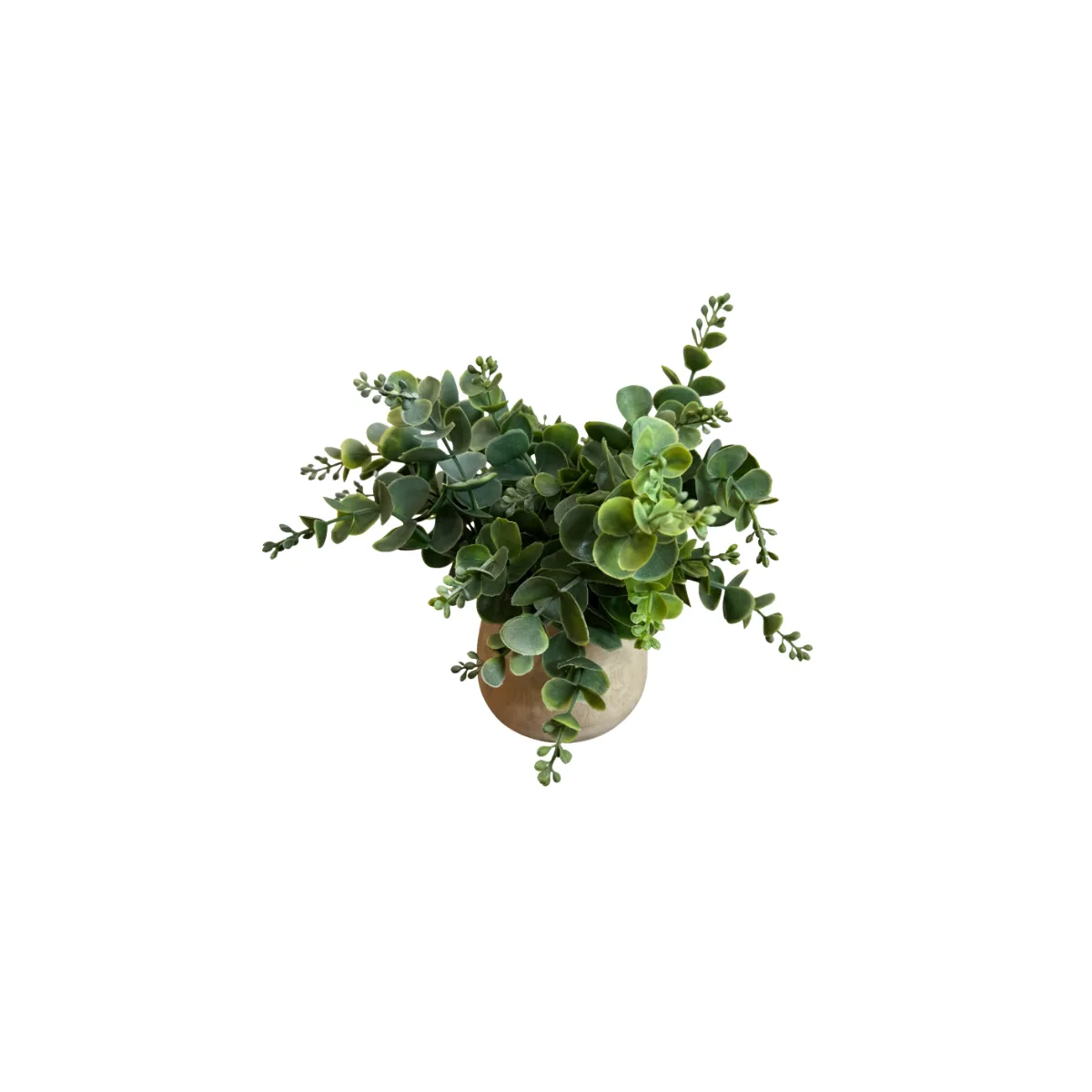 FAUX GREENERY IN WOOD POT