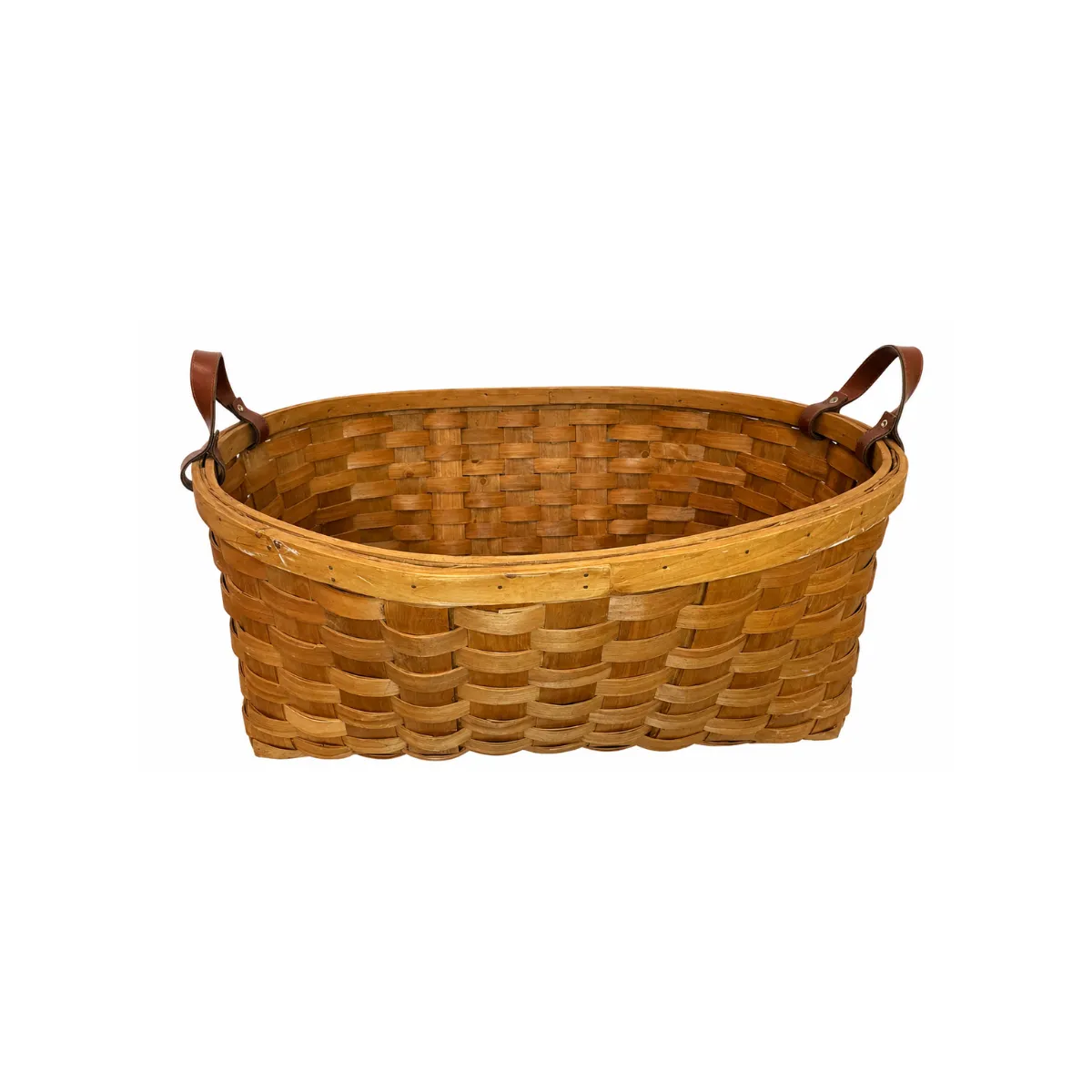 WOVEN WOODEN BASKET WITH LEATHER HANDLES