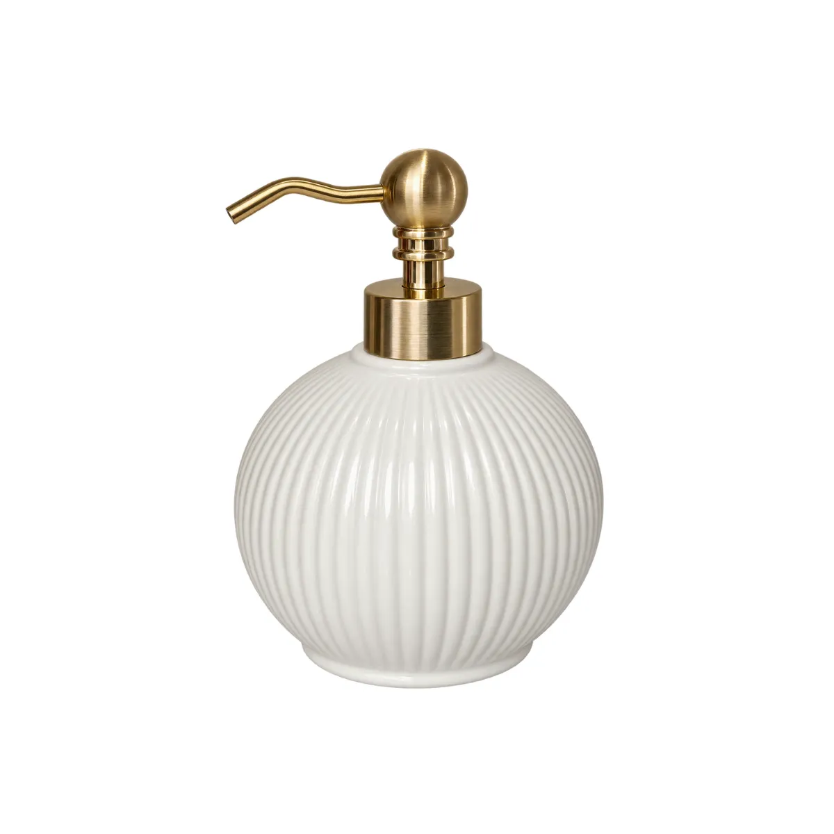 7"H SOAP DISPENSER - WHITE - RIBBED, GOLD PUMP