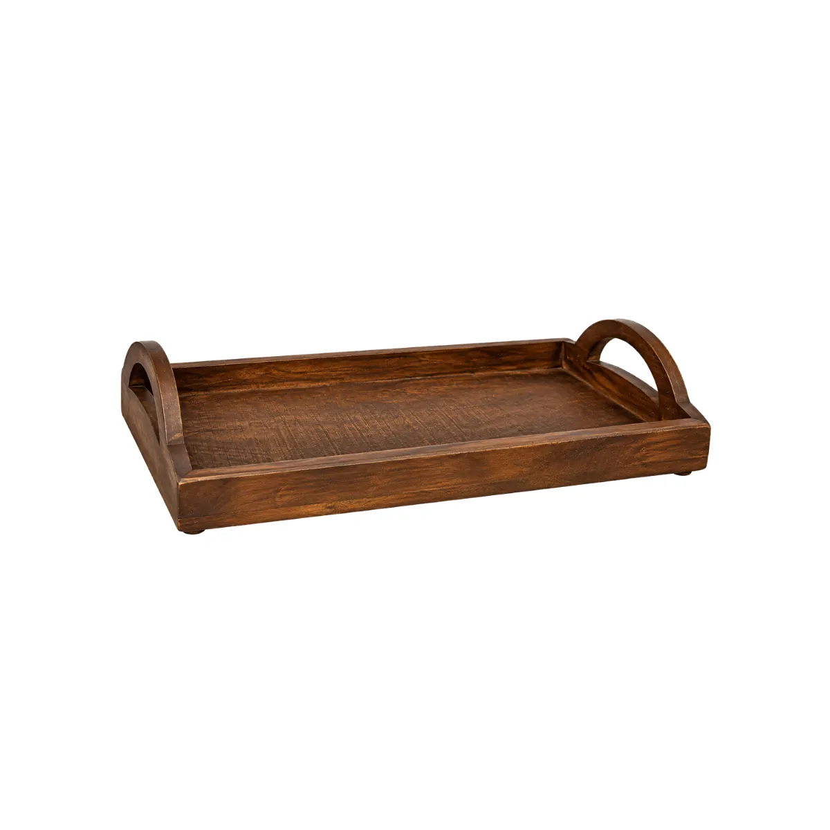 RECTANGULAR TRAY - DARK BROWN - RUSTIC WOOD, ARCHED HANDLES