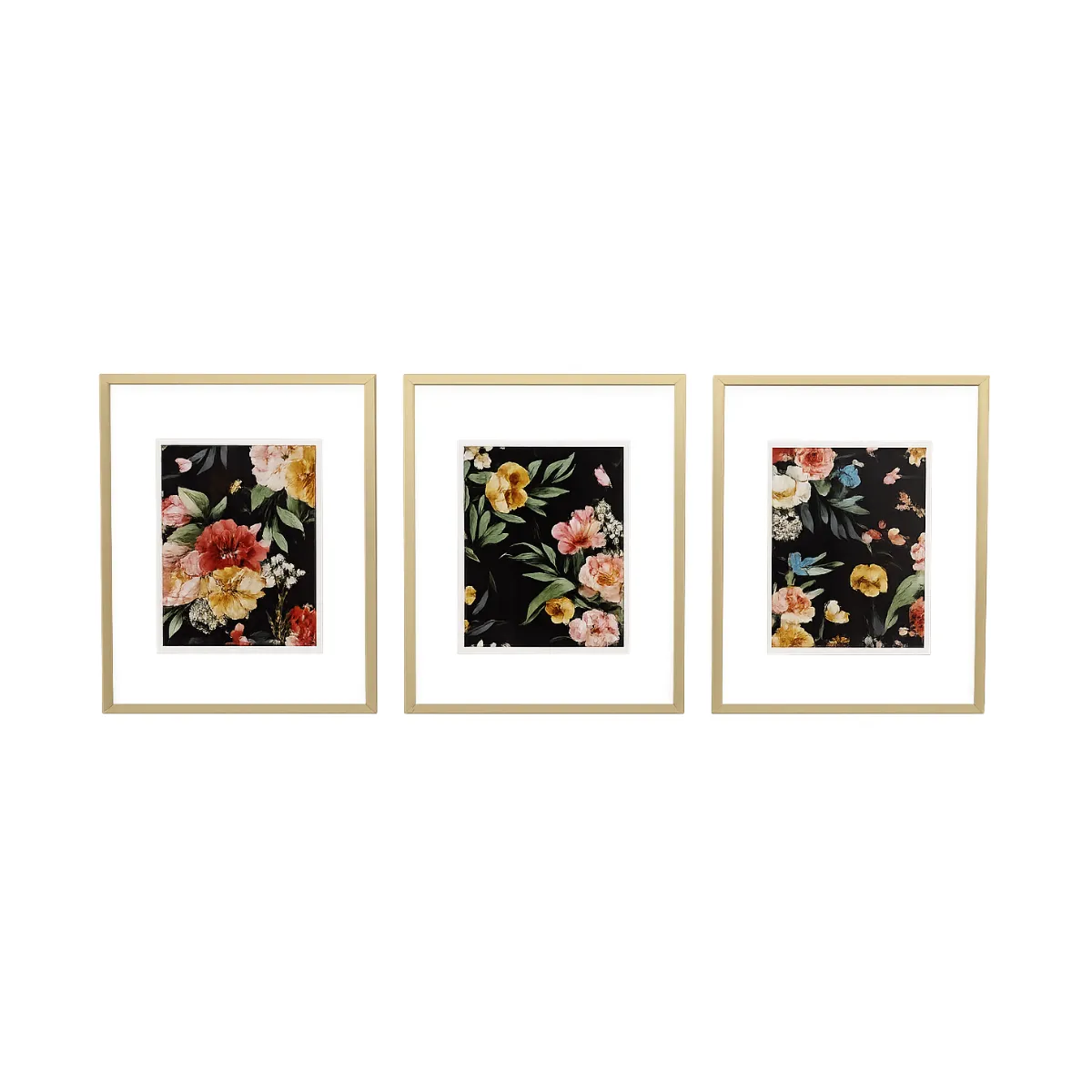 SET FLORAL ART PRINTS IN GOLD FRAMES
