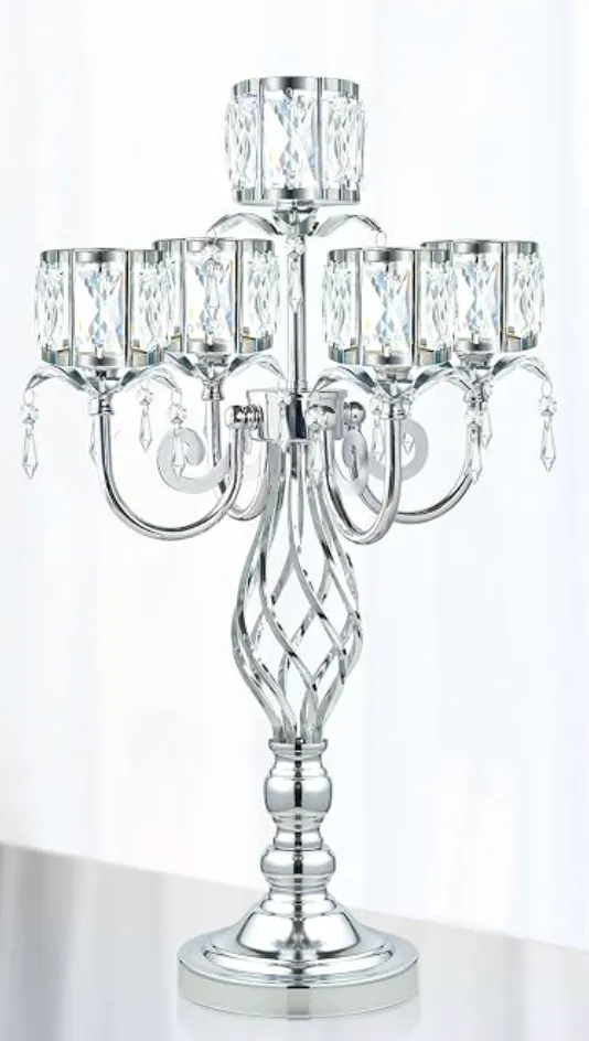 Tall Silver Crystal 5-Arm Candelabra