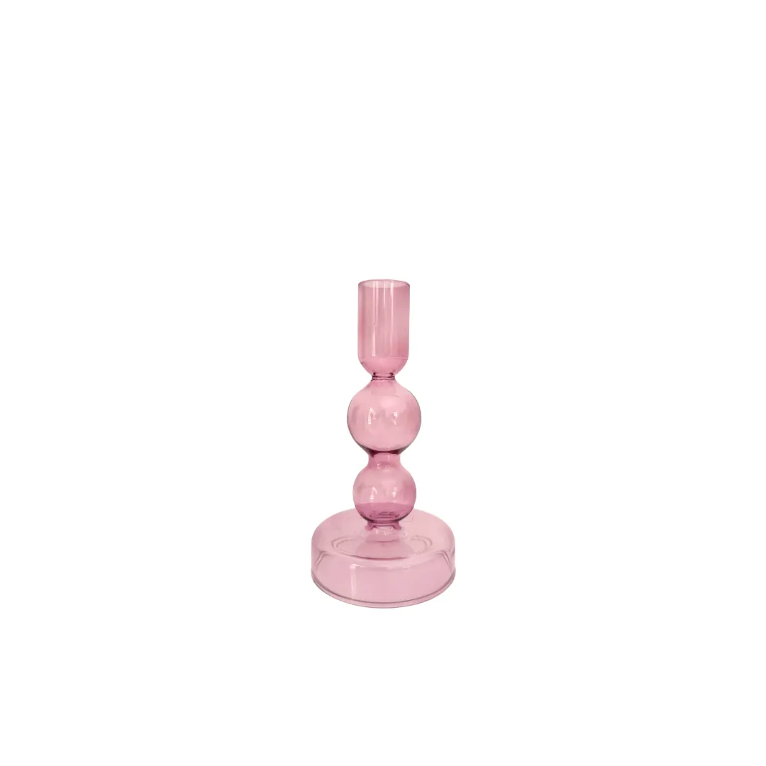 Glass Candle Stick Holder - Pink - 15cm