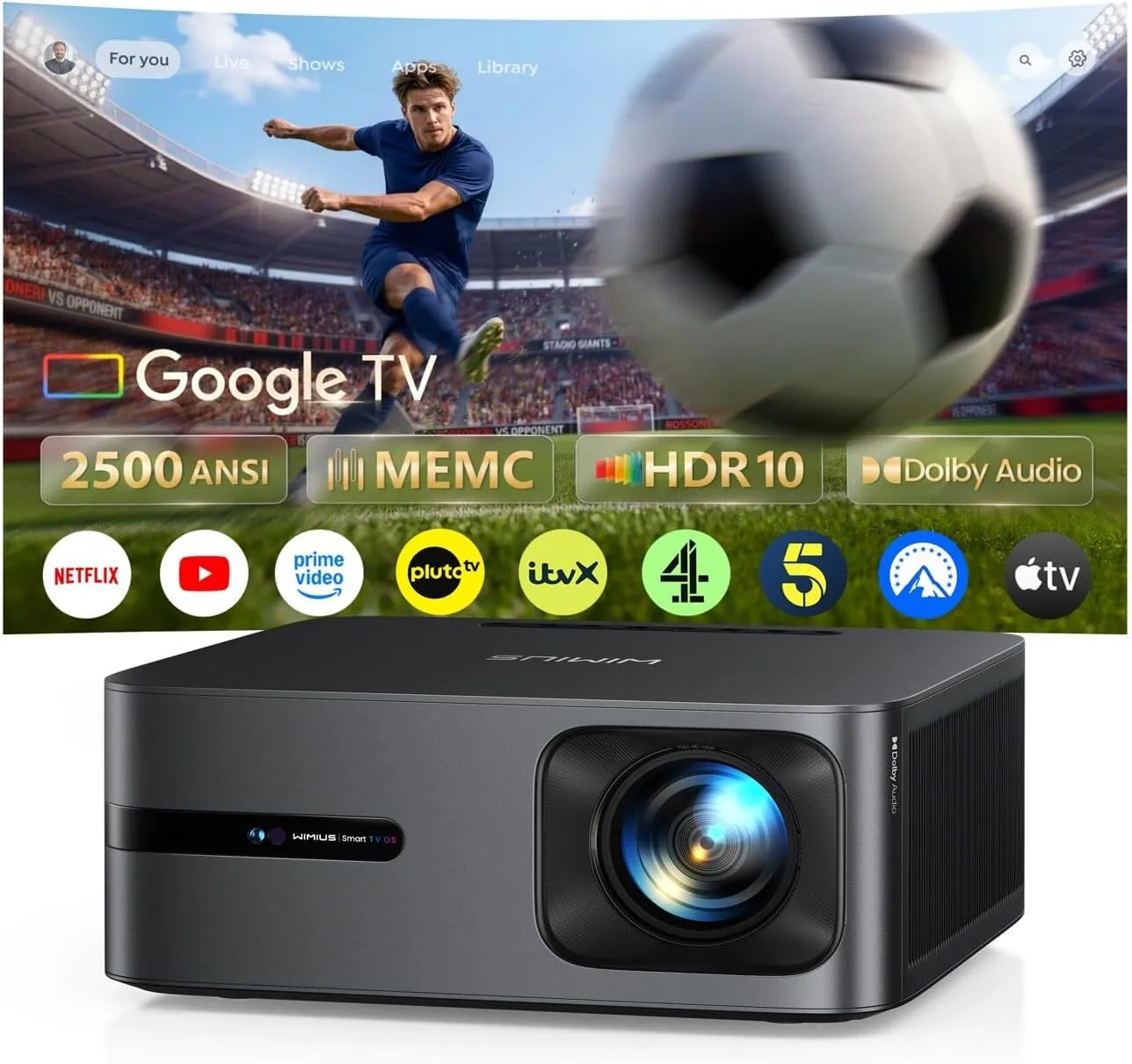  Projector with GoogleTV 14.0, 2500 ANSI FHD 1080P 4K Decode, MEMC,40W Dolby Audio,HDR 10 WiMiUS G2 Movie Projector 2+32GB HDMI 2.1, AI Auto Image, WiFi6 Home Cinema Projector for Bedroom, Garden
