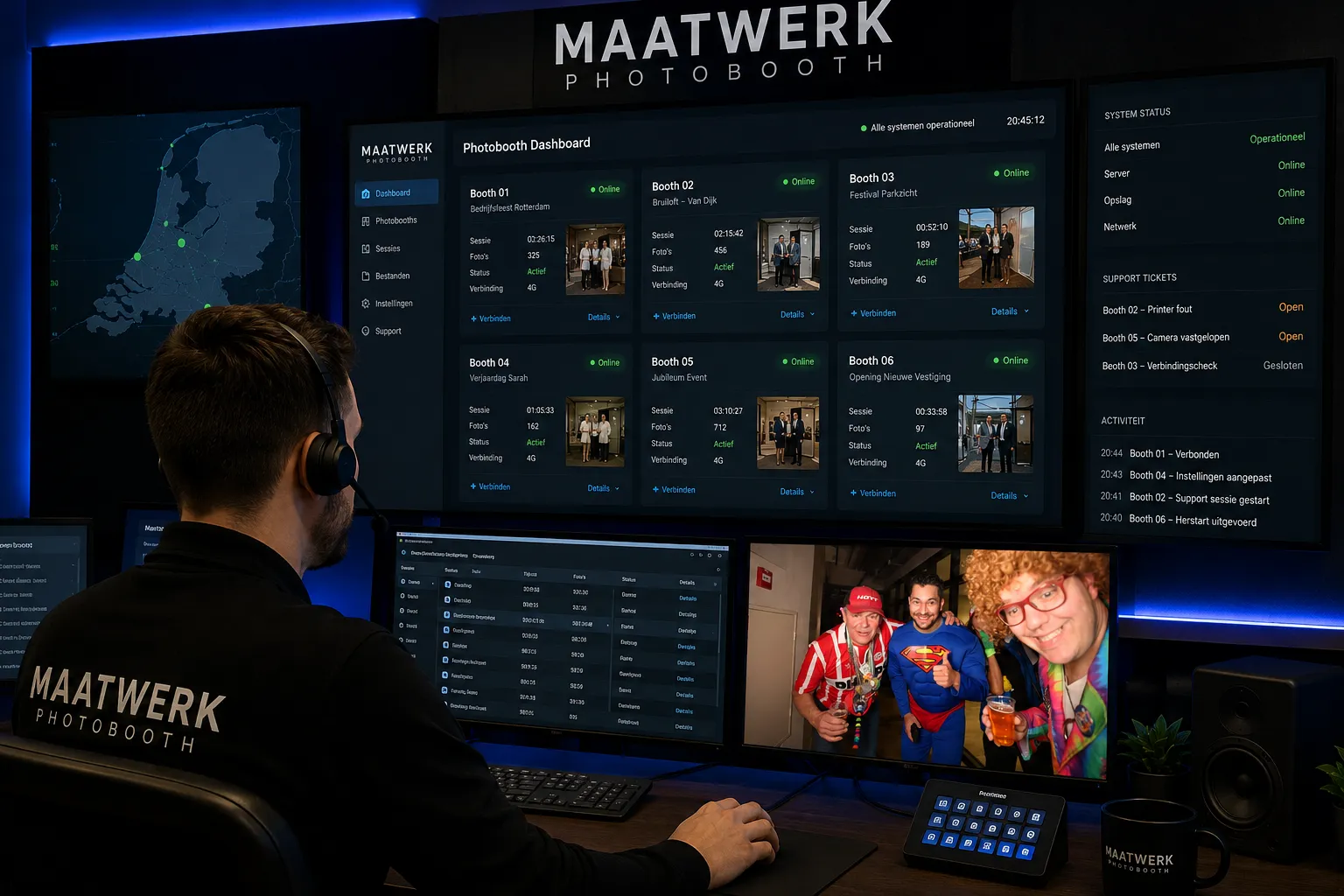Helpdeskmedewerker van Maatwerk Photobooth beheert meerdere photobooths op afstand via een live dashboard in een moderne regieruimte, met realtime support en een actieve photoboothsessie zichtbaar op een monitor.