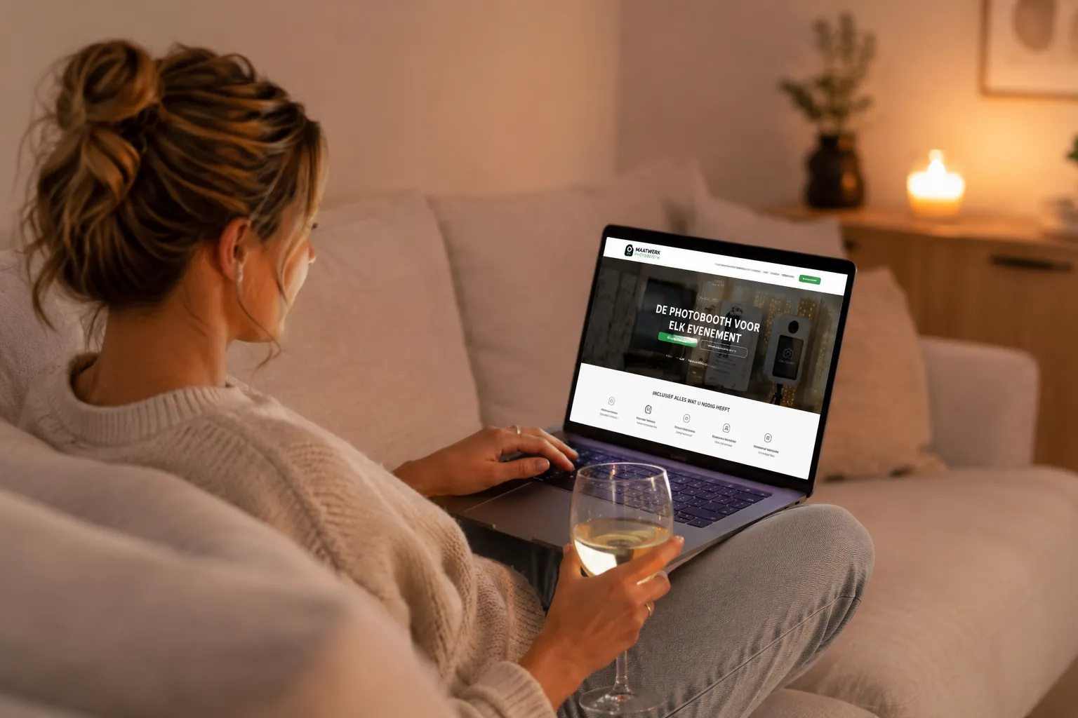 Vrouw van eind twintig zit thuis op de bank met een glas wijn terwijl ze op een laptop een photobooth-website vergelijkt in een warme, gezellige woonkamer.
