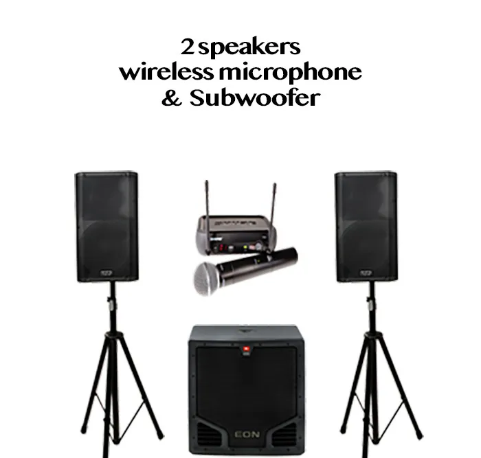 2 speakers, wireless microphone & sub