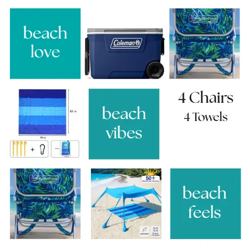 Beach Day Package - (4 Chairs) - Canopy - Large Rolling Cooler