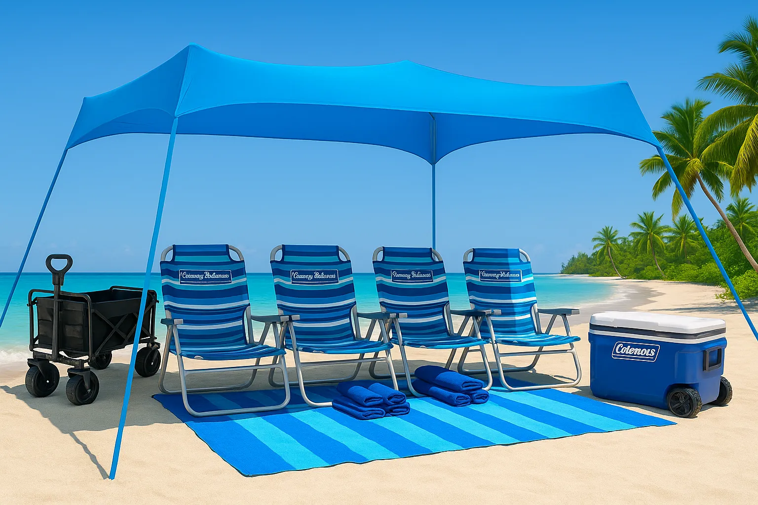 Luxury Beach Package - Canopy (4 Chairs) - Large Rolling Cooler