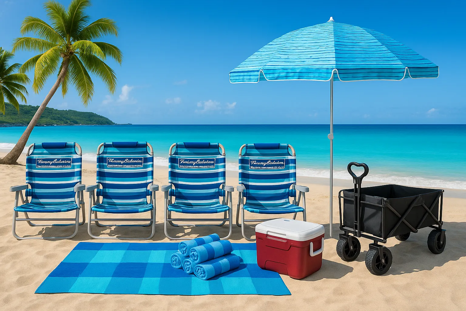 Luxury Beach Package - Umbrella (4 Chairs) - Small Rolling Cooler