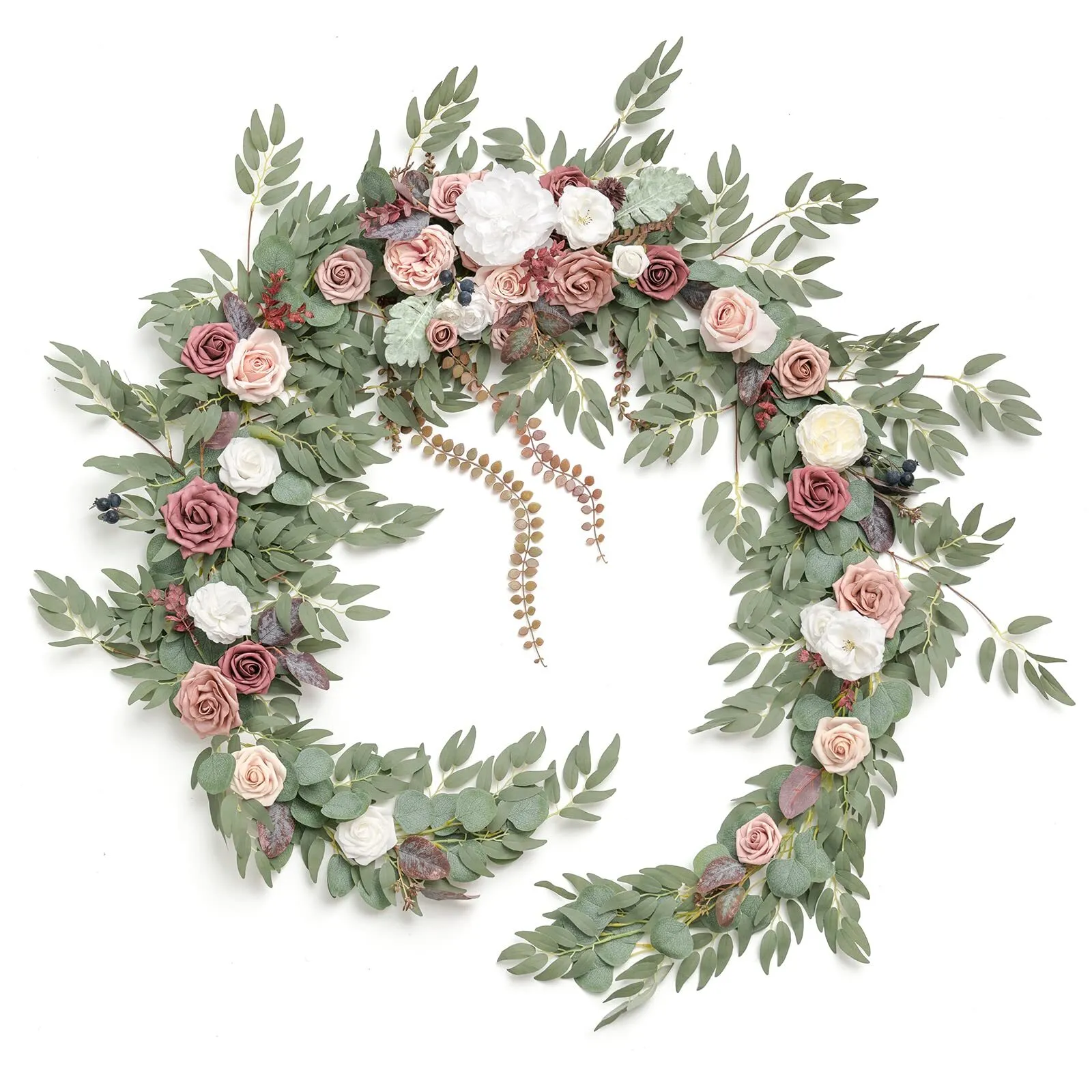 9FT Eucalyptus and Willow Leaf Garland with White, Dusty Rose & Mauve Flower
